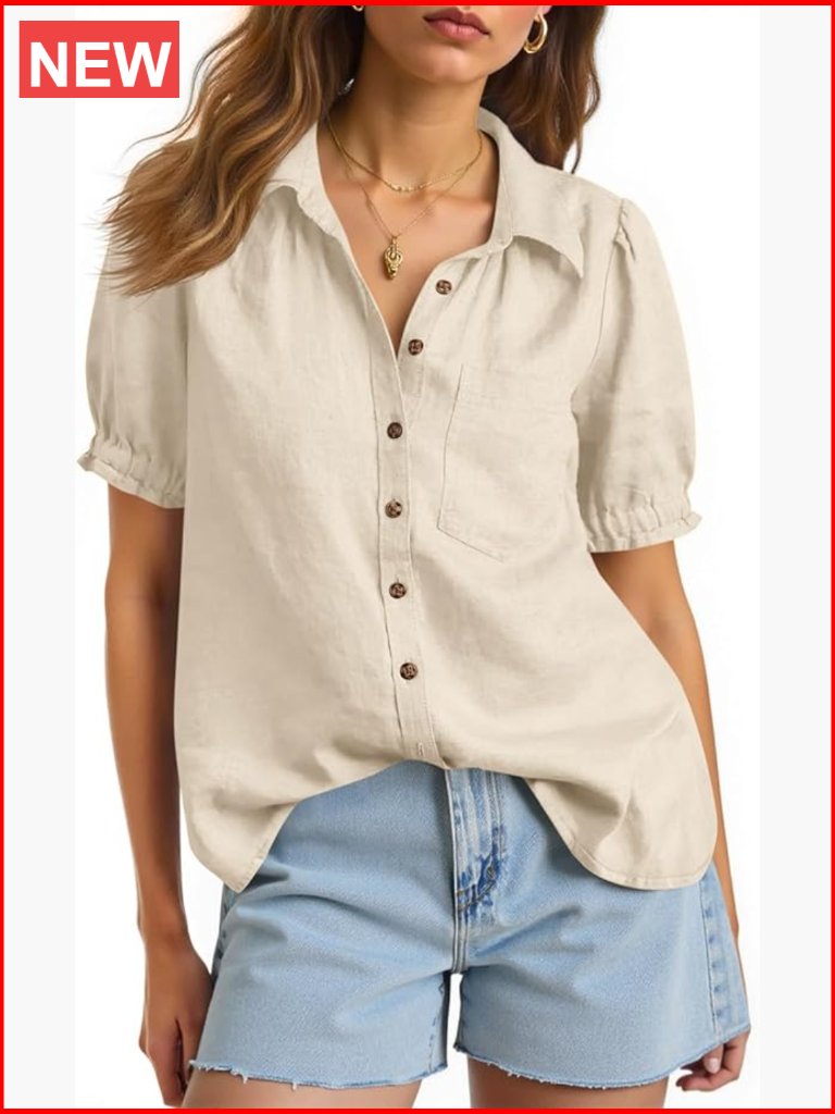 Puff Short Sleeve Button Down Blouse V Neck Loose Fit Work Top